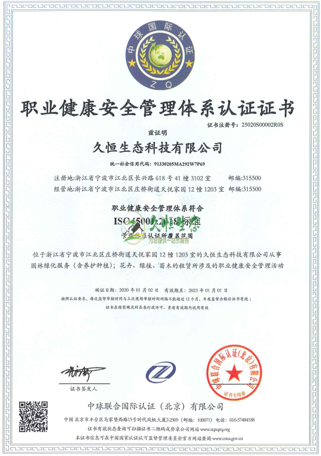 江北职业健康安全管理体系ISO45001证书